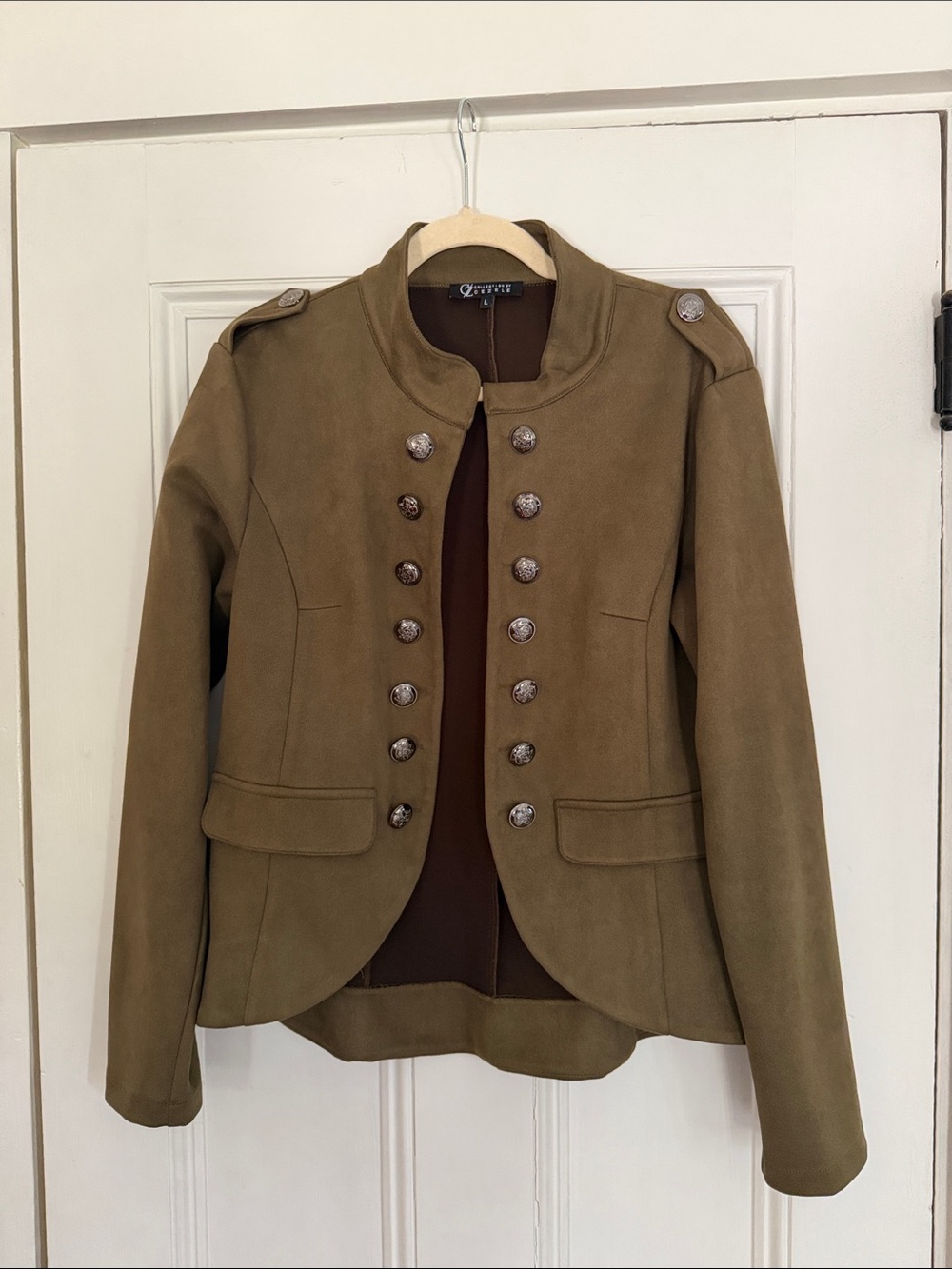 Olive Military-Style Women's Blazer with Decorative Buttons